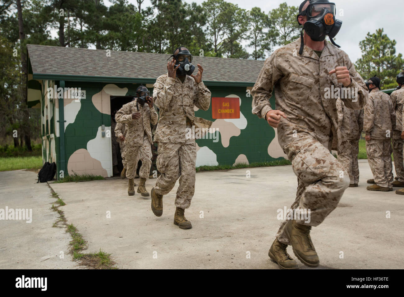 Rekruten von Fox Company, 2. rekrutieren Training Bataillon rush aus der Gaskammer 14. April 2015, auf Parris Island, SC Die Rekruten bewiesen, dass sie die Grundlagen der chemischen Kriegsführung Verteidigung gelernt, richtig mit ihren Gasmasken. Fox Company ist zum Diplom 5. Juni 2015 geplant. Parris Island wurde die Website des Marinekorps-Rekrut-training seit 1. November 1915. Heute kommen etwa 20.000 Rekruten auf Parris Island jährlich für die Chance, United States Marines werden durch dauerhafte 13 Wochen strenge, transformative Training. Parris Island ist die Heimat von Entry-Level-eingetragene Ausbildung für 50 Stockfoto