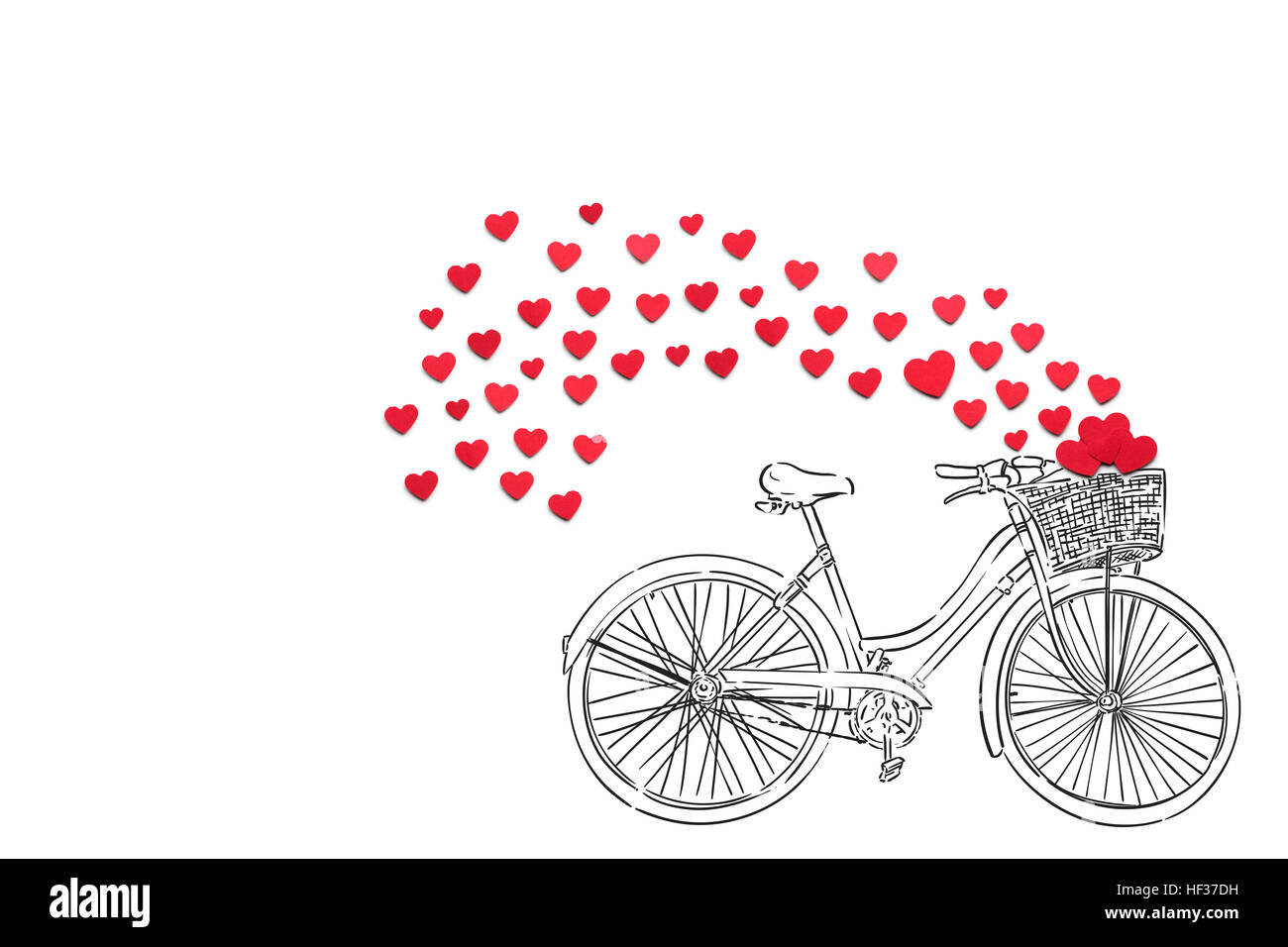 Kreative Valentines Konzept Foto von Herzen und illustrierte Fahrrad auf weißem Hintergrund. Stockfoto