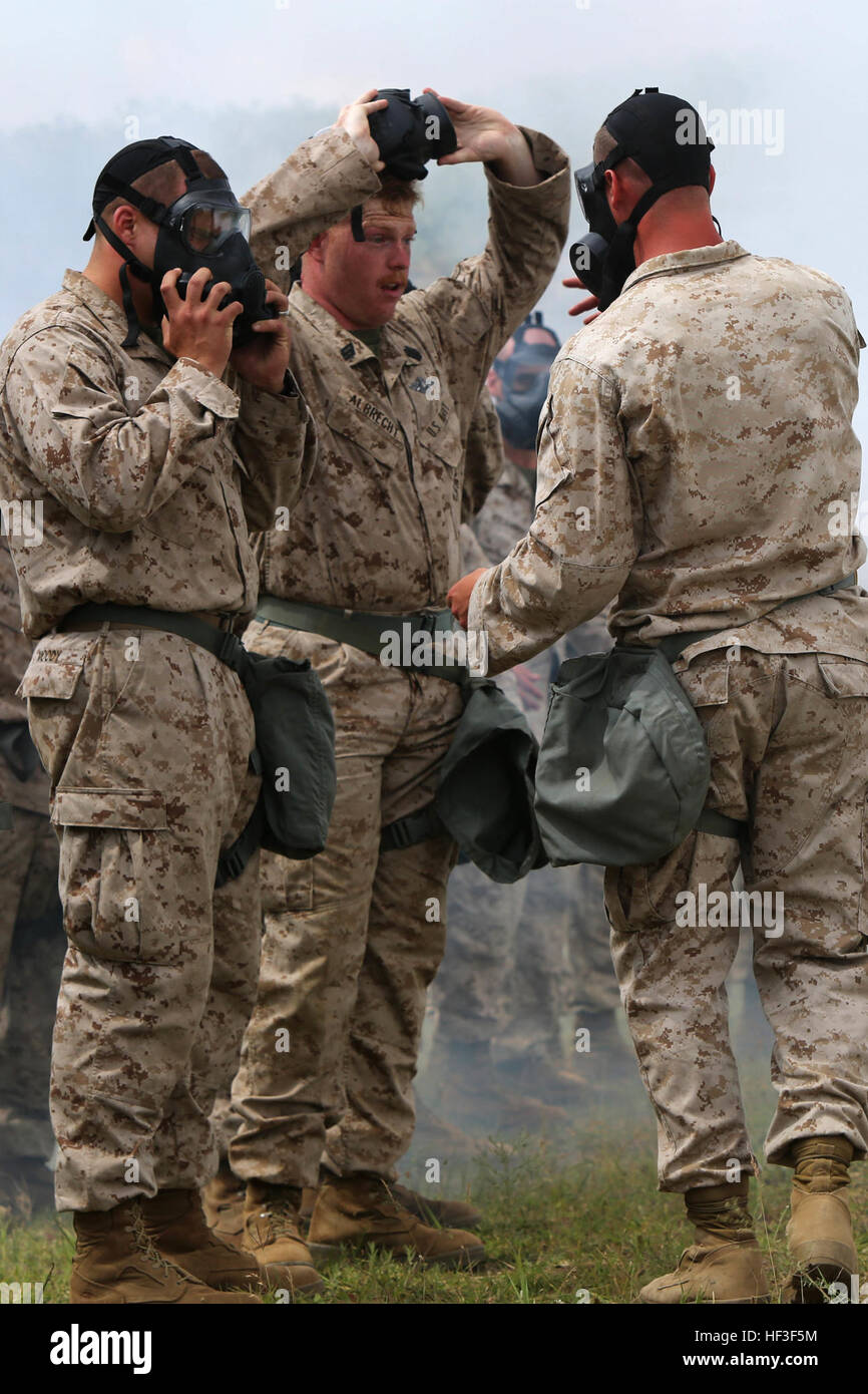 US Marine Lance Cpl. Steven White chemische, biologische, radiologische und nukleare Verteidigung Marine mit Schwarzmeer Drehkraft und gebürtig aus Beaver Falls, Pennsylvania, sorgt dafür, dass jeder Marine bricht das Siegel der seine Gasmaske im Laufe CS Kammer und Gasmaske Einarbeitung mit US-Marines von Sitz und Serviceunternehmen, Schwarzmeer Drehkraft in Mihail Kogalniceanu, Rumänien, Juni 29-30.  Chemische, biologische, radiologische und nukleare Verteidigung Training ist eines der viele verschiedenen Arten von Engagements ausgeübt mit Partnerstaaten in das Schwarze Meer, Ostsee, Balkan und Cau Stockfoto