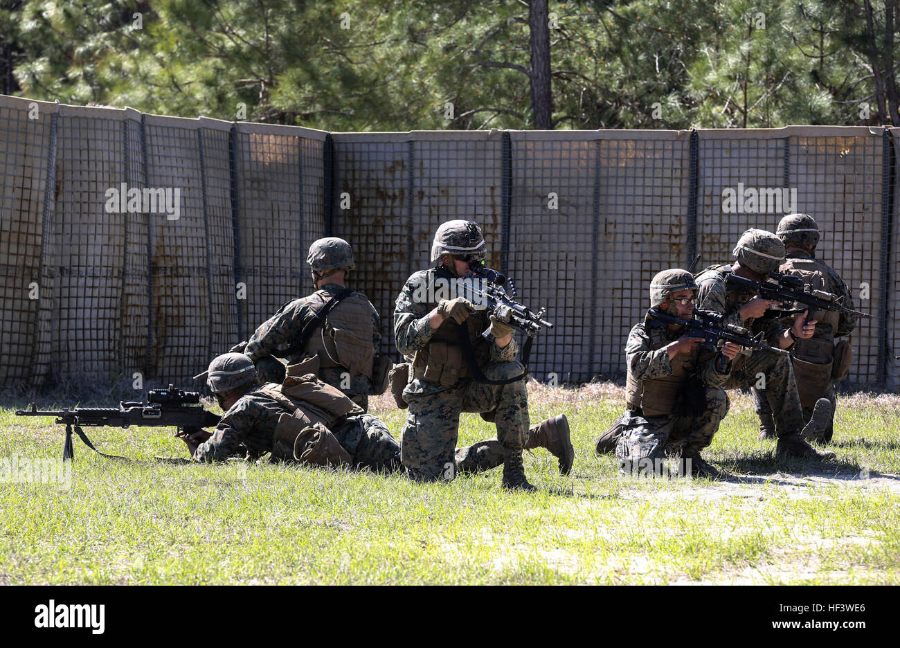 Marines mit 2. Combat Engineer Battalion halten eine Sicherheit Position während des Angriffs gegen Teil des Bataillons Sapper Kader Wettbewerb in Camp Lejeune, North Carolina, 22. März 2016. Der Wettbewerb wurde organisiert, um die fähigsten Trupps in das Bataillon zu bestimmen, während gleichzeitig anspruchsvoll Trupps bei der Ausführung von Kampf-Ingenieur-basierte Aufgaben. (Foto: U.S. Marine Corps CPL Paul S. Martinez/freigegeben) Bekämpfung der Ingenieure bauen, Verletzung, schießen in Einheit Wettbewerb 160322-M-ZM882-285 Stockfoto