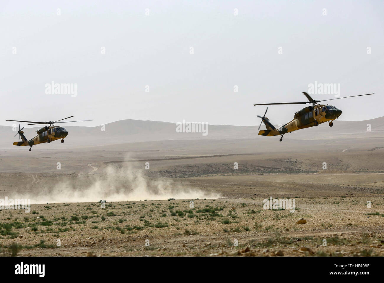 Jordanischen Streitkräfte UH-60 Blackhawks mit A - Geschwader, Praxis Infils und Exfils vor einem Feuer-Veranstaltung während der Übung eifrig Löwe 16 Rüstung Bandbreite, schnelle Eingreiftruppe, Königreich von Jordanien am 16. Mai 2016. Begierig Löwe 16 ist eine US militärische bilaterale Übung mit dem Haschemitischen Königreich Jordanien zur Stärkung der Beziehungen und die Interoperabilität zwischen Partnernationen während der Durchführung der Einsätze. (U.S. Marine Corps Foto von CPL. Lauren Falk 5. MEB COMCAM/freigegeben) Begierig Lion 2016 Air Support Training (Bild 1 von 7) 160516-M-JF072-183 Stockfoto