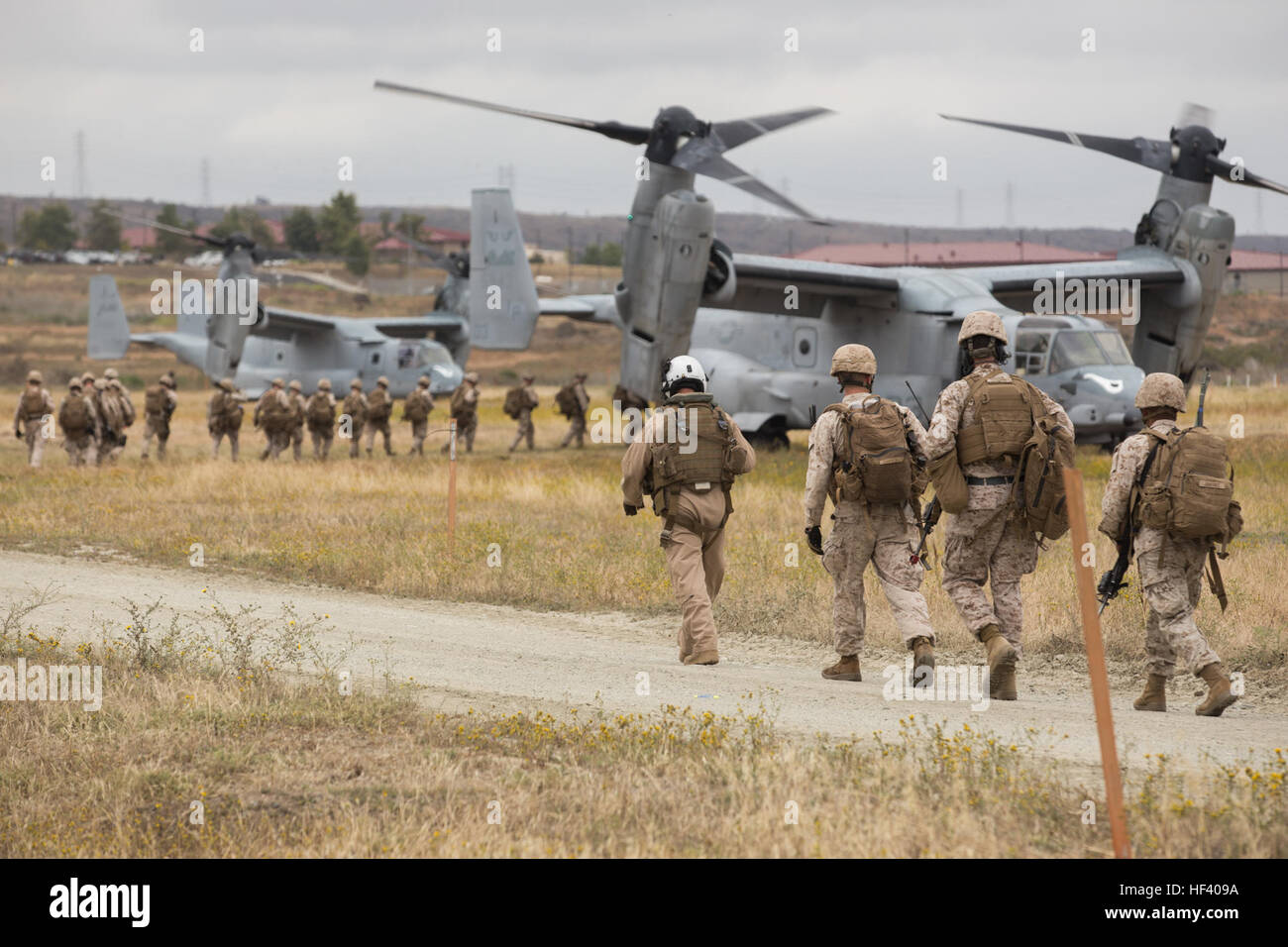 Marines an Bord MV-22 Ospreys für einen Angriff auf ein Ziel bei einem Hubschrauber RAID-Training Event an Bord der Marine Corps Base Camp Pendleton, Kalifornien, 17. Mai 2016. Durchführung einer Razzia ist eine der 13 Mission wesentlichen Aufgaben, die eine Marine Expeditionary Unit trainiert, vor der Bereitstellung zu perfektionieren. Die Marines sind mit Battalion Landing Team 1. BN, 4. Marines, 11. MEU. Die Fischadler und ihre Crew sind mit Marine Medium Tiltrotor Squadron 163 (Stahlbeton), 11. MEU. 11. MEU Battalion Landing Team 1-4 führt vertikalen Angriff Ausbildung (Bild 1 von 5) 160517-M-KJ317-048 Stockfoto