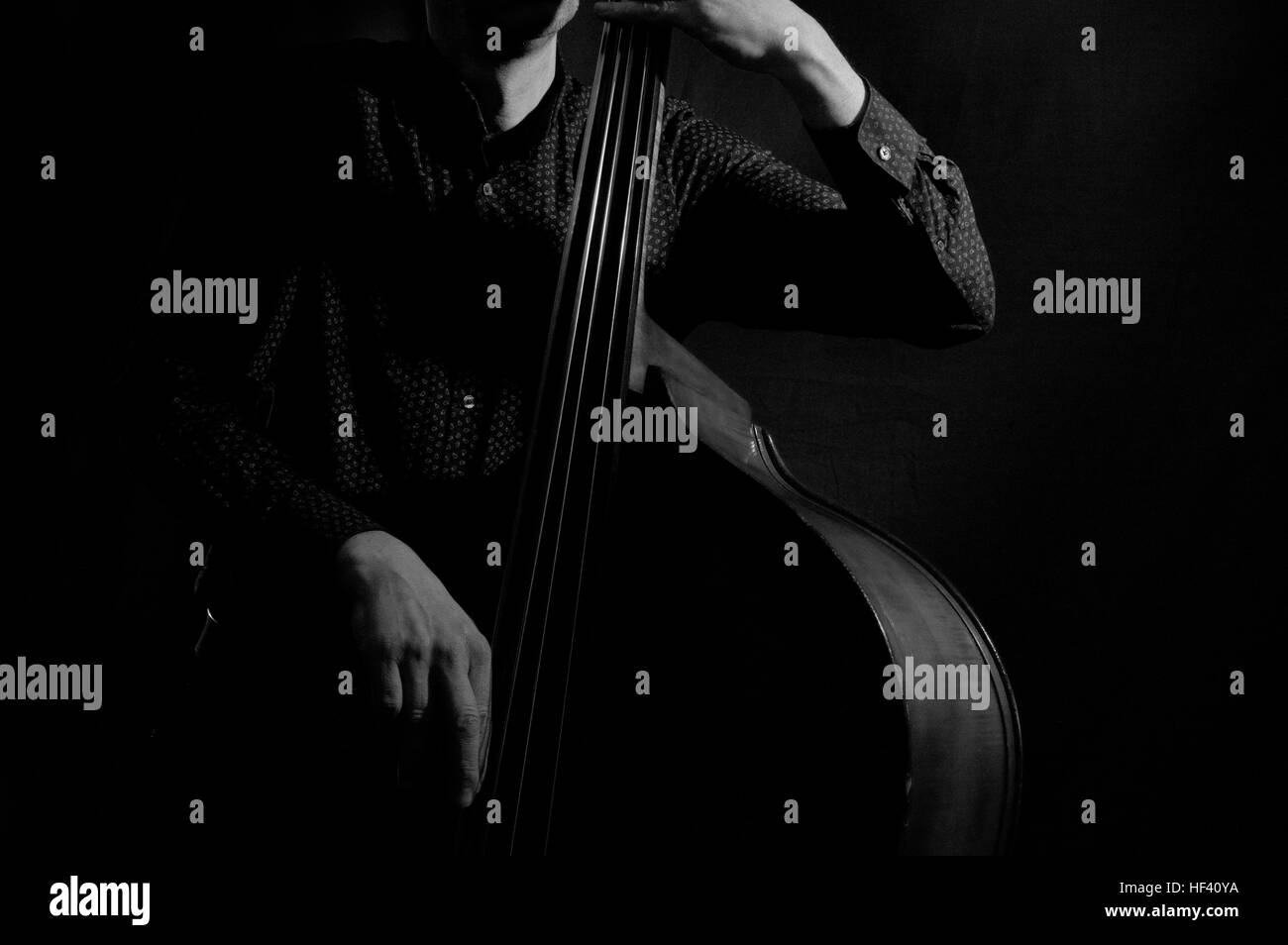 Atmosphärische schwarz / weiß Bild einer Zeichenfolge Contra Bass mit Hand eines Mannes auf dem Foto Stockfoto