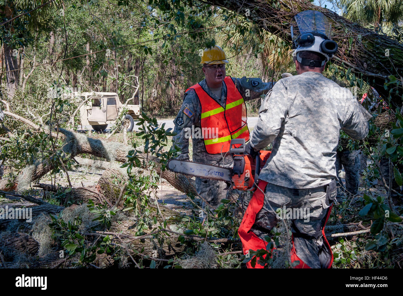 US Army Staff Sgt David Roberts mit 125. Multi-Role Bridge Company (MRBC), für die S.C. Army National Guard, kommuniziert mit Sgt. Matthew McHenry, da er eine Kettensäge verwendet, um umgestürzte Bäume entlang der U.S. Highway 278 in Hilton Head Island, 9. Oktober 2016 zu entfernen.  Hurrikan-Matthew erreichte als ein Kategorie 4 Hurrikan in der Karibik und den Südosten der USA, einschließlich der S.C Küste übergeben. Ca. 2.800 S.C. Nationalgarde Soldaten und Piloten wurden seit 4. Oktober 2016, Zustand und Grafschaft Notfallmanagement Organisationen und lokalen Ersthelfer nach Gouverneur Nikk Unterstützung aktiviert Stockfoto