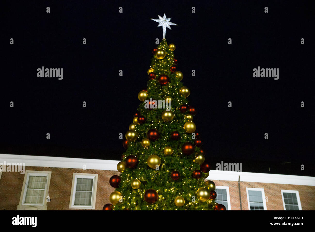 Ein Weihnachtsbaum beleuchtet den jährlichen Baum Beleuchtung Zeremonie am Lejeune Hall, Marine Corps Base Quantico (MCBQ), VA., 4. Dezember 2016 statt. Moderiert von Oberst Joseph Murray, befehlshabender Offizier, MCBQ, war die feierliche Gelegenheit für Zivilisten und Militärs zu genießen Festlichkeiten, Einheit zu fördern und anerkennen der Beginn der Ferienzeit bieten. (Foto: U.S. Marine Corps Pfc. Brian Domzalski) MCB Quantico Tree Lighting Ceremony 161204-M-GK190-115 Stockfoto