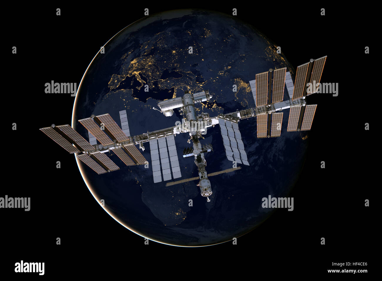 Internationale Raumstation ISS über die Erde. Stockfoto