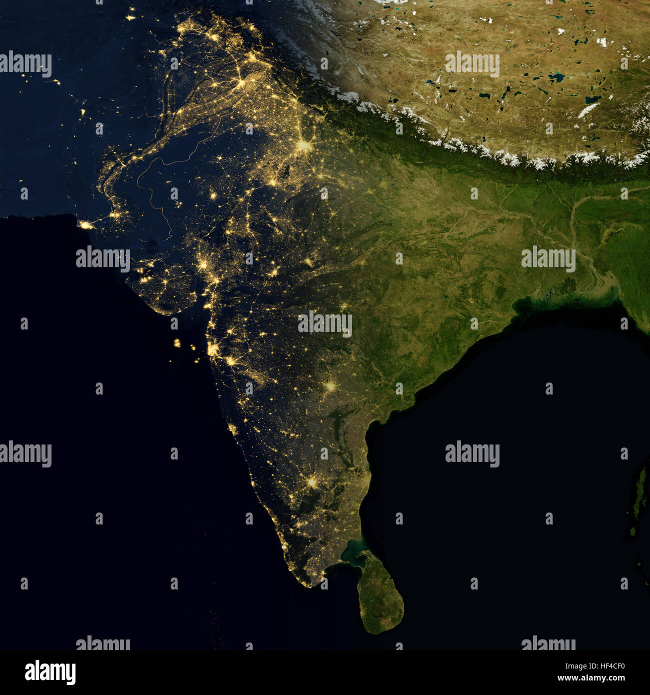Lichter der Stadt auf der Weltkarte. Indien. Stockfoto
