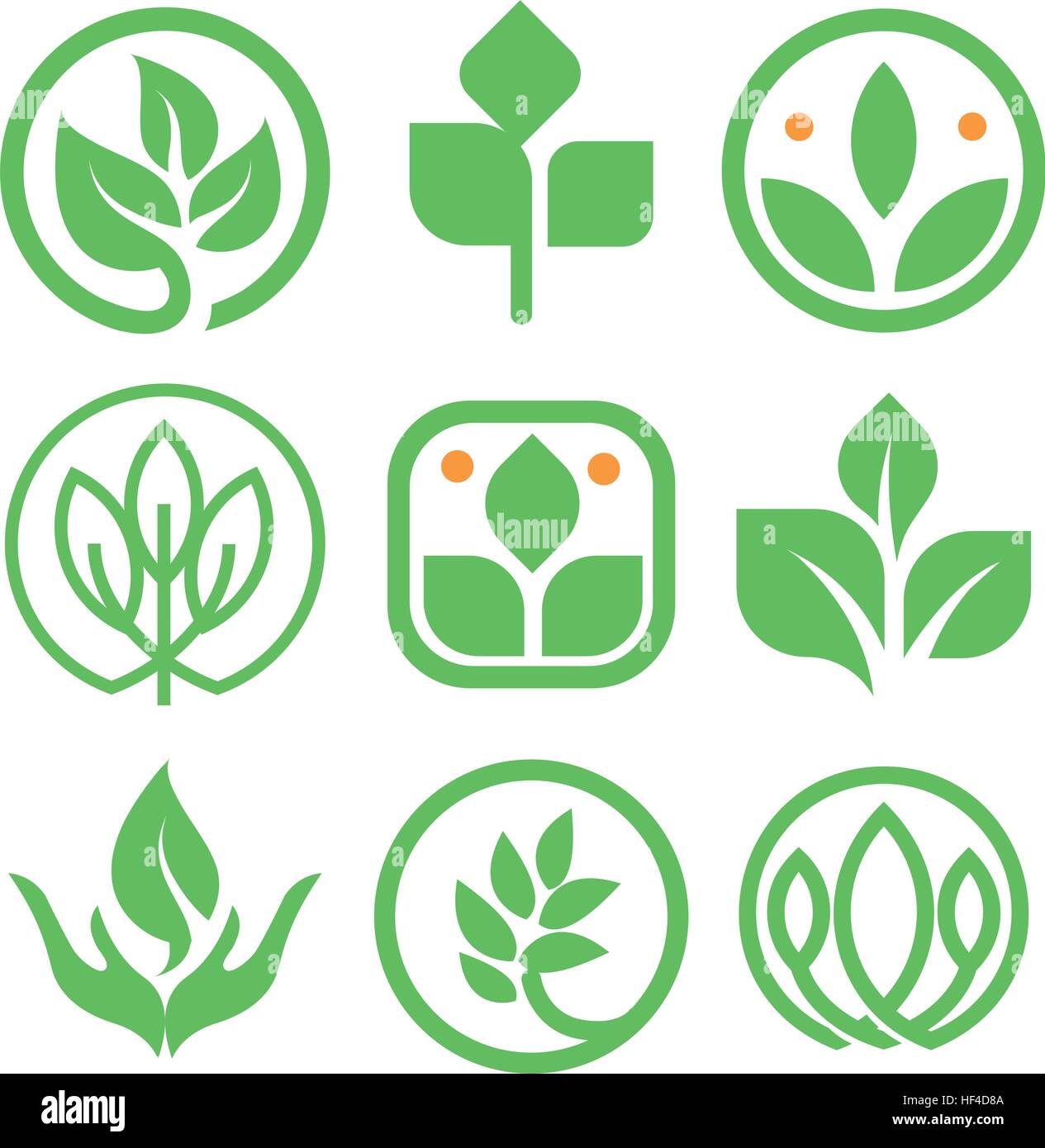 Isolierte abstrakt Grün Logo-Sammlung. Runde Form Natur Element Logo gesetzt. Blatt in Menschenhand Symbol. Landwirtschaftliche Bioprodukte Zeichen. Heilende Kräuter Vektor-Illustration. Stock Vektor