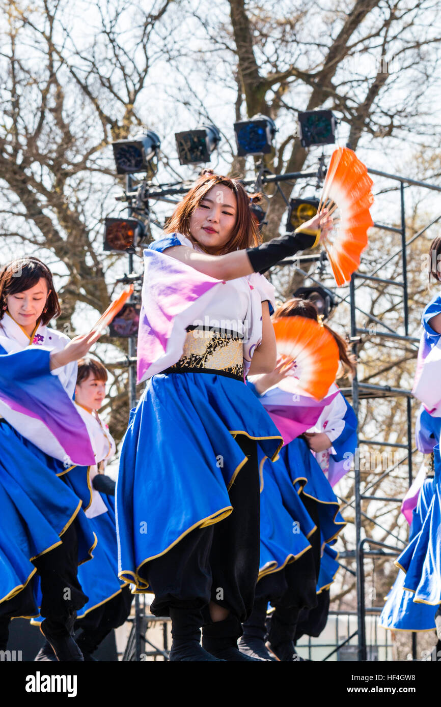 Japanische Yosakoi Festival. Frauen tanzen Team blau yukata Kostüme mit langen Ärmeln auf der Bühne tanzen, während Sie orange Fans. Low Angle View. Stockfoto