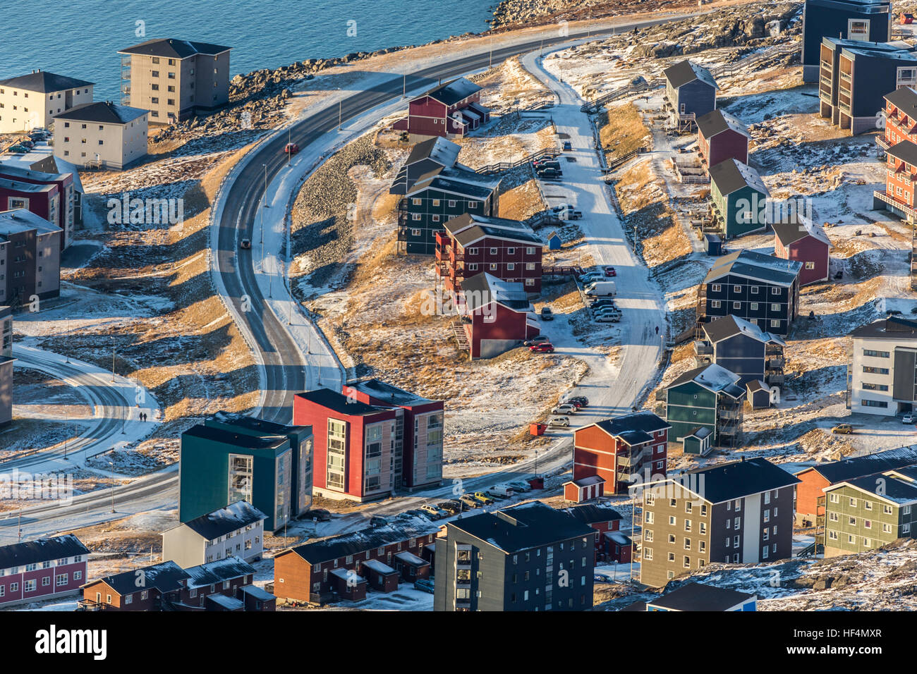 Luftaufnahme auf die Straßen und Gebäude von Nuuk, Grönland Stockfoto