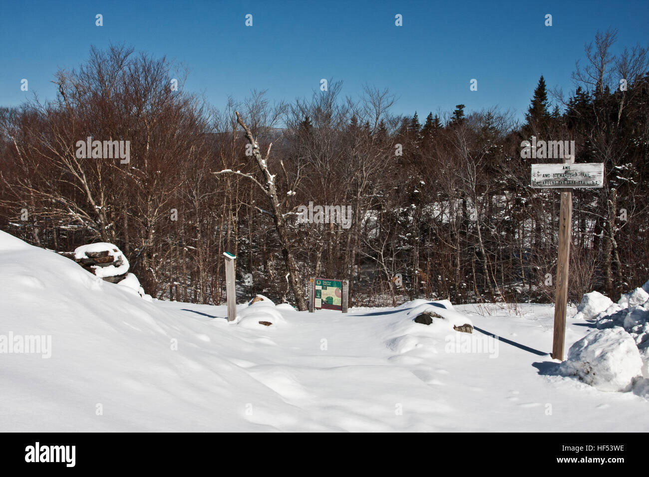 Die Appalachian Mountain Club Highland Center bei Crawford Notch, New Hampshire, USA, eine Wanderwege führt Sie in Schnee bedeckt Wald. Stockfoto