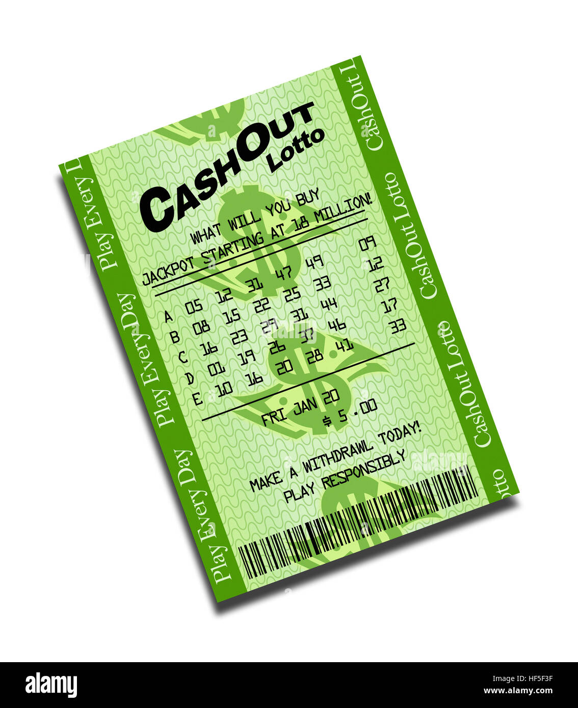 Cash-Out Lottoschein mit Zahlen, Isolated on White Background. Stockfoto