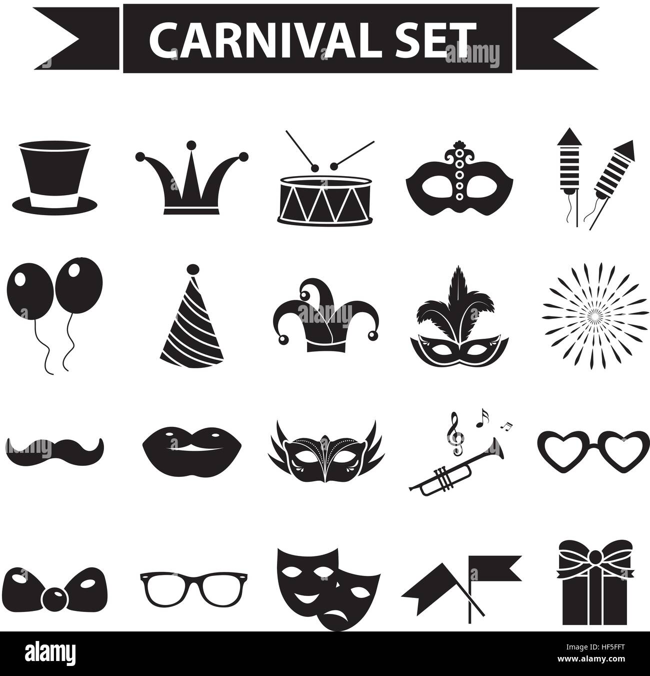 Karneval-Icon-Set, schwarze Silhouette Stil. Party, Maskerade Sammlung Schilder, Symbole, isoliert auf weißem Hintergrund. Vektor-Illustration-Clip-Kunst. Stock Vektor
