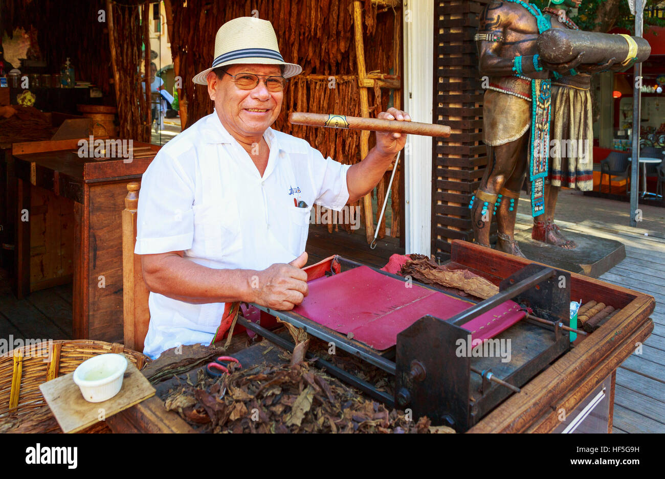 Man rollt frische Zigarren in einer Tabak und Zigarren Shop, Playa Del Carmen, Mexiko Stockfoto