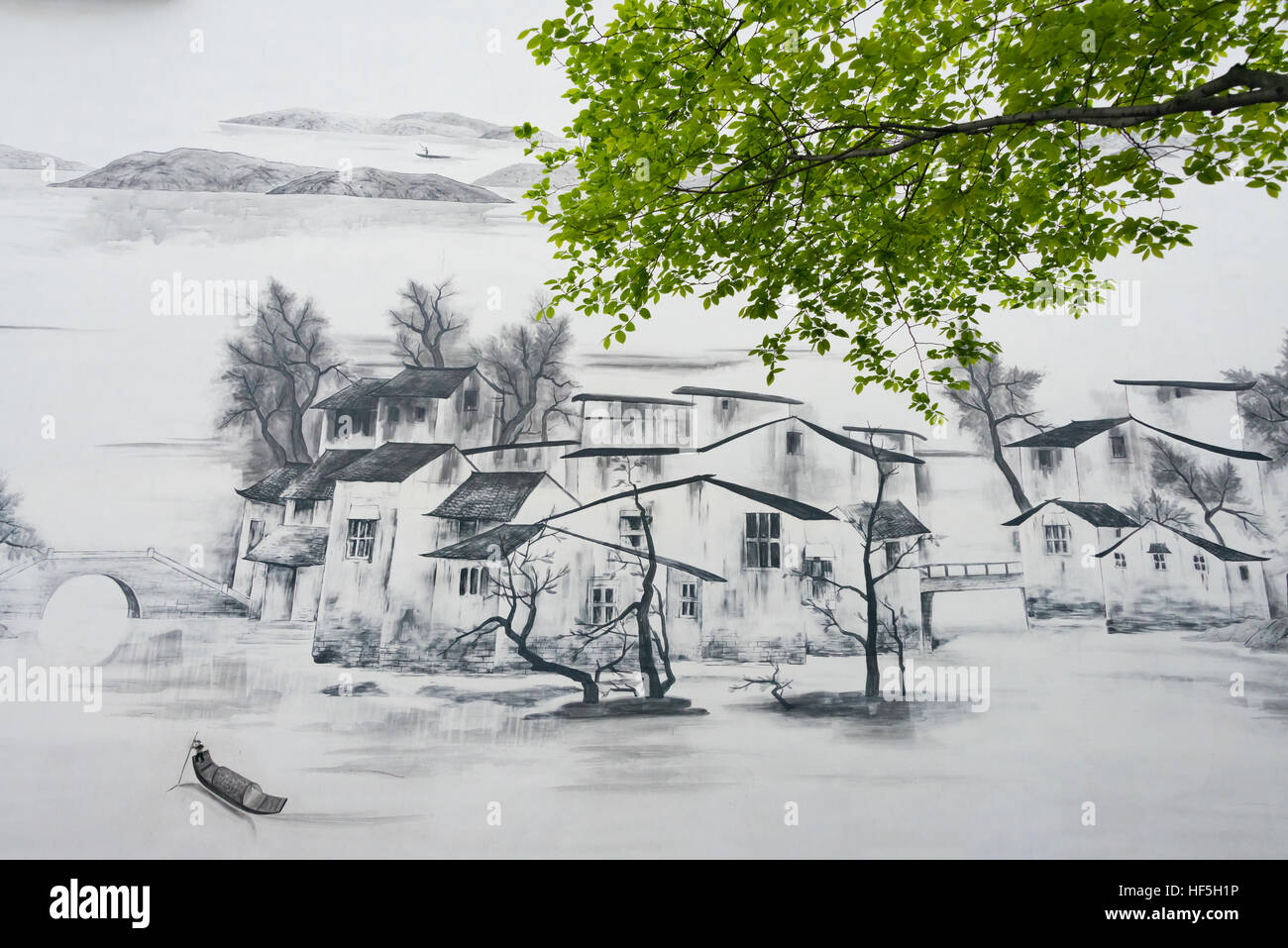 Wandbild der chinesischen Malerei auf den Aufbau, Tangqi die antike Stadt, Hangzhou, Zhejiang Provinz, China Stockfoto