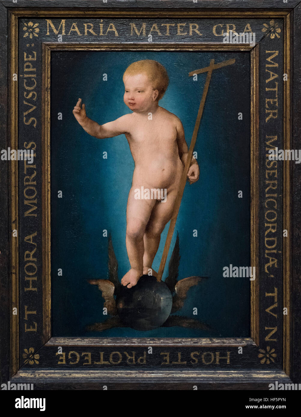 Joos van Cleve (1485-1541), Infant Retter auf geflügelte Kugel, ca. 1530. Niño de Pasión Sobre la Bola del Mundo. Stockfoto
