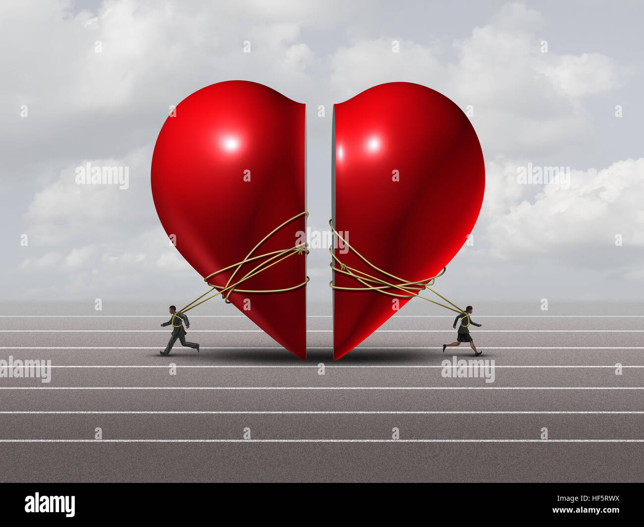 Paar in der Krise und Beziehung Problem-Konzept als Mann und Frau ein rotes Valntine Herz als eine Scheidung oder Trennung Metapher mit 3D il auseinanderziehen Stockfoto