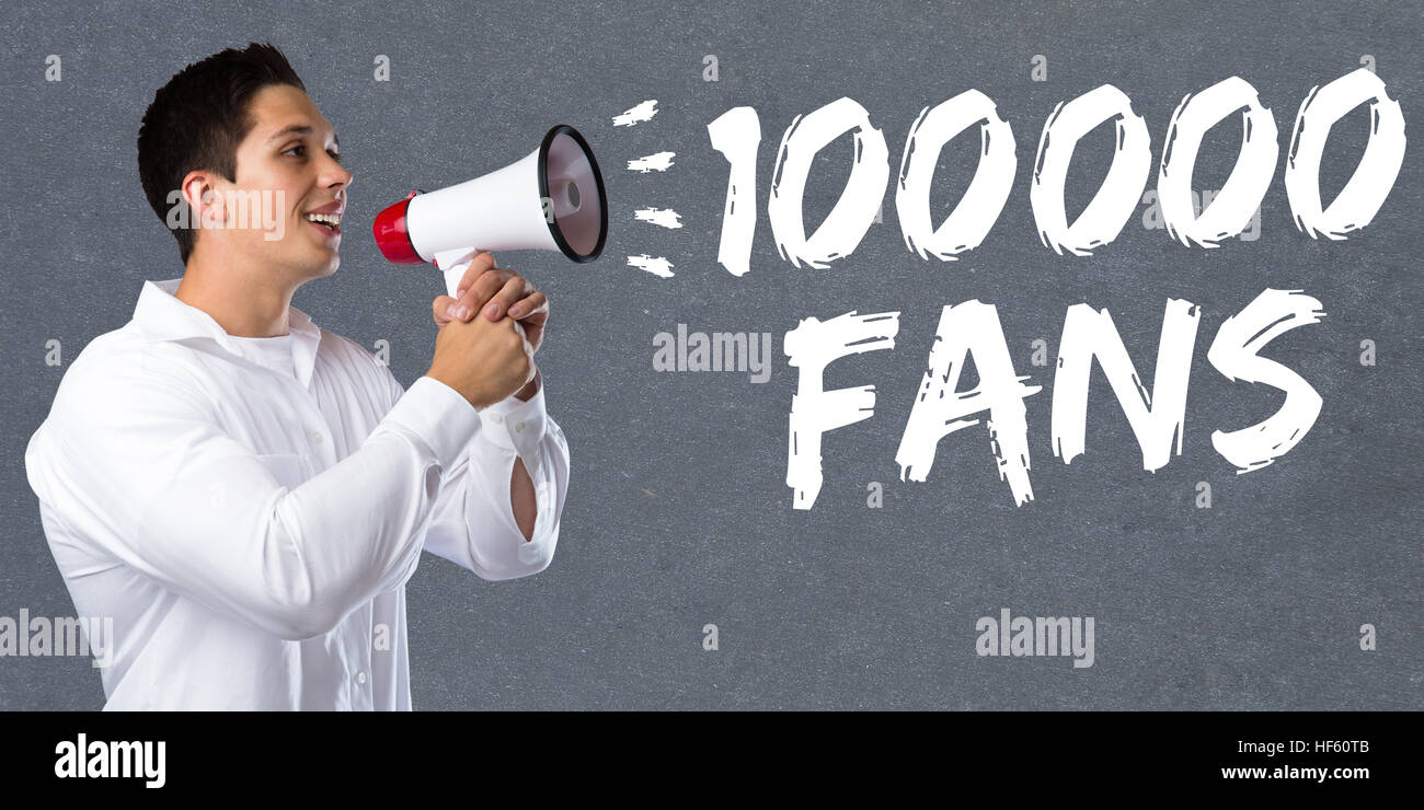 100000 Fans mag hunderttausend social-Networking-Medien junger Mann Megaphon Megafon Stockfoto