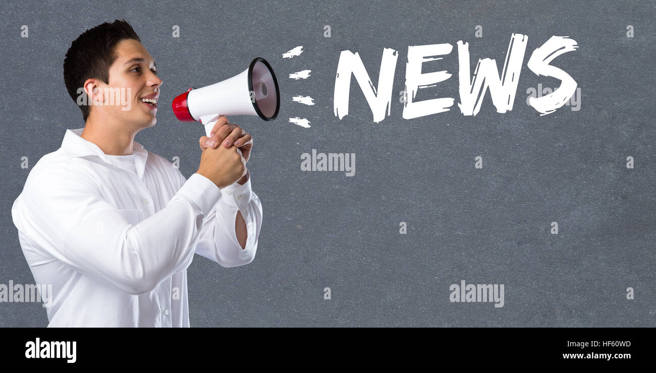 Nachrichtenmedien Ankündigung ankündigen Informationen Jüngling Megaphon Megafon Stockfoto