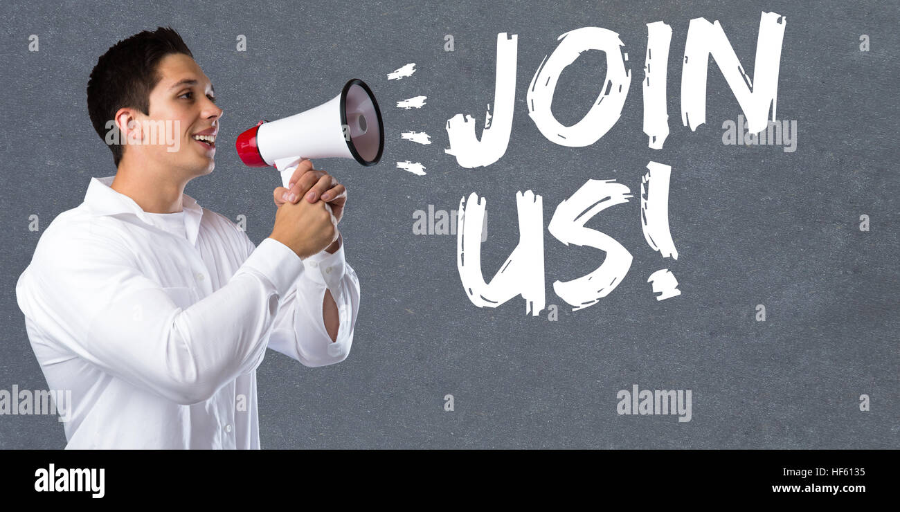 Join uns Einladung Team teilnehmen Sport Ausbildung junger Mann Megaphon Megafon Stockfoto
