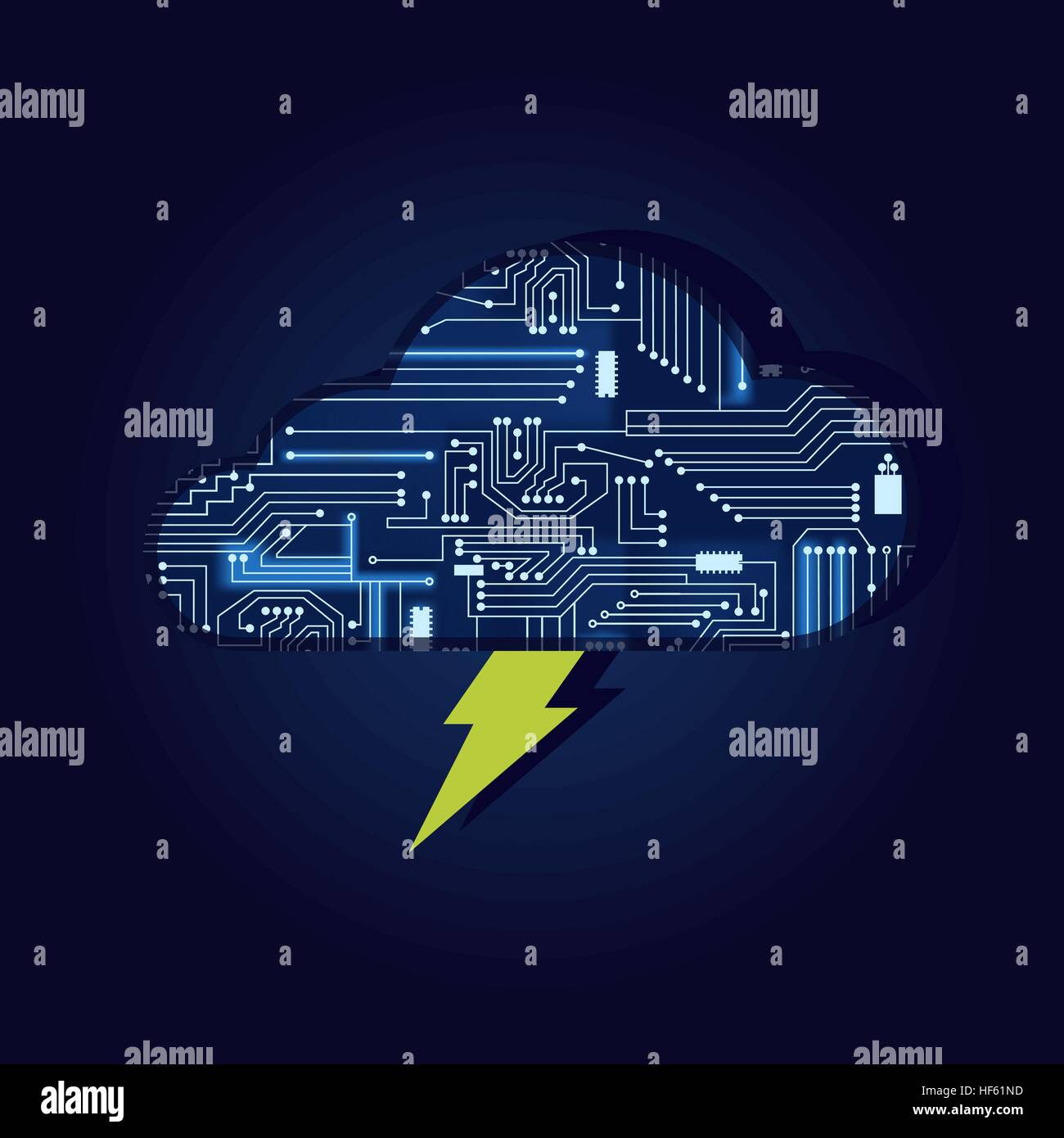 Blitz und Cloud mit einer technologischen Elektronik-Schaltung. Stock Vektor