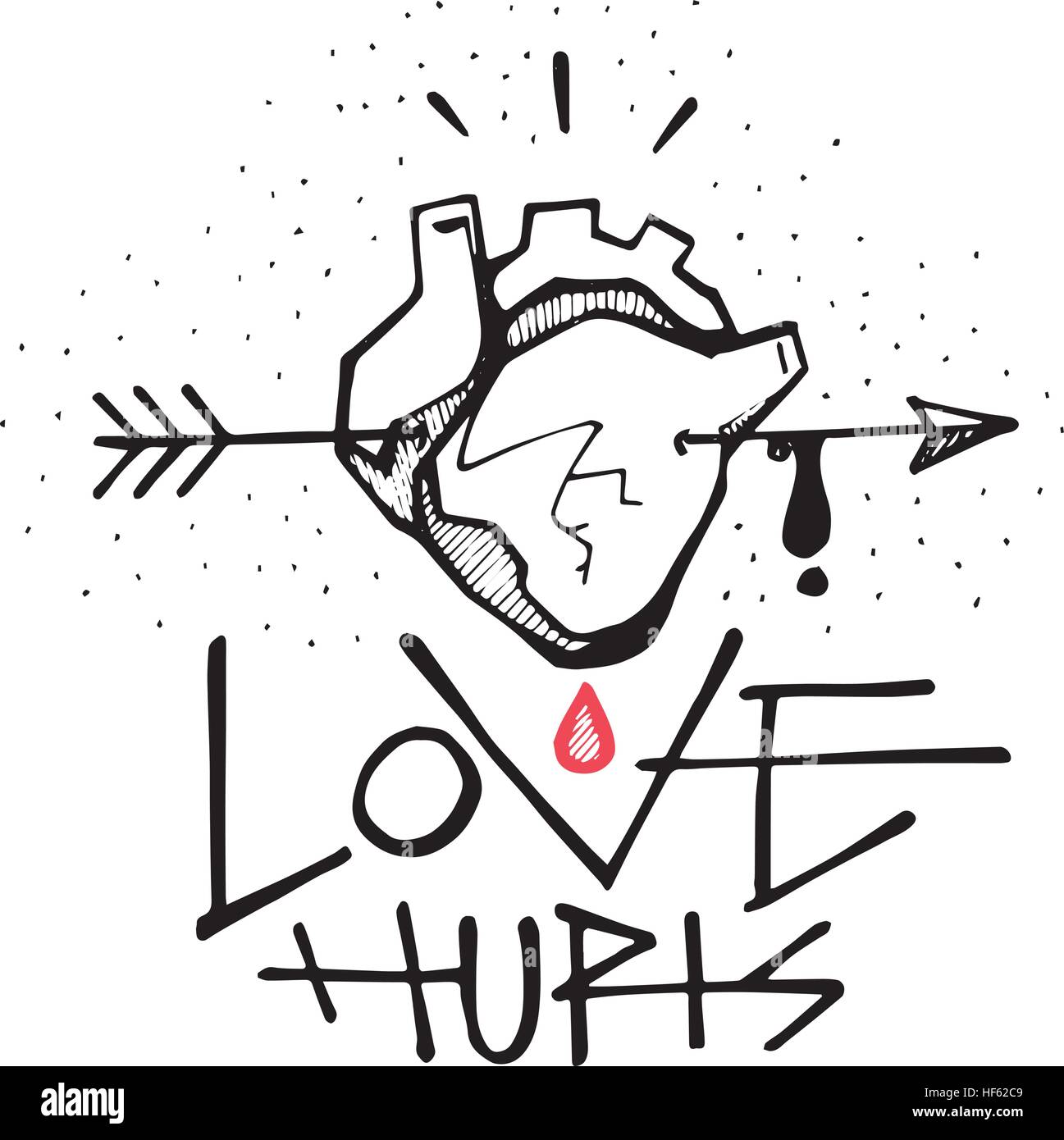 Vektor-Illustration von Hand gezeichnet oder Zeichnung des Satzes: Liebe tut weh und ein menschliches Herz mit einem Pfeil und Blut Stock Vektor