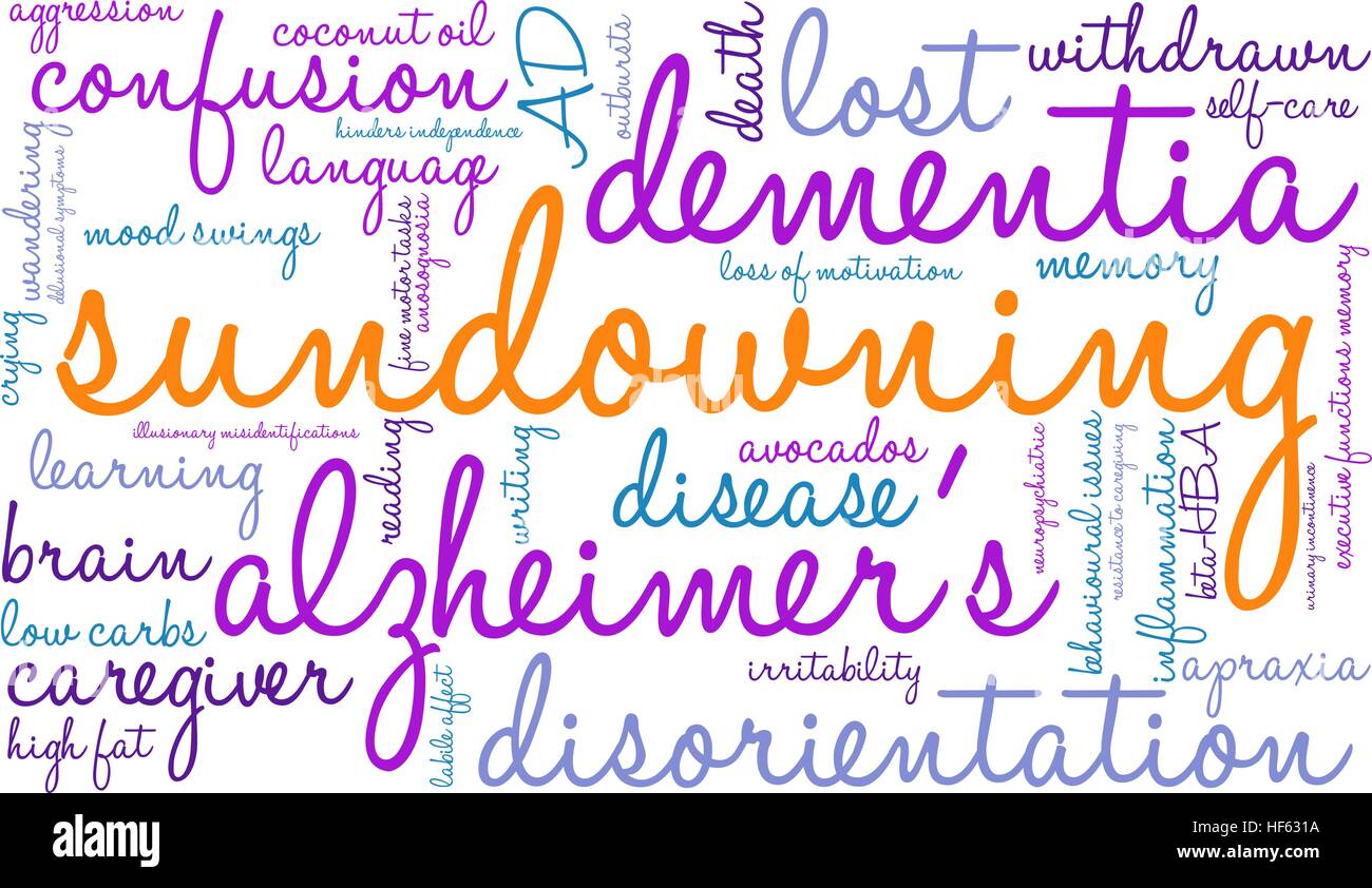 Sundowning Wortwolke auf weißem Hintergrund. Stock Vektor