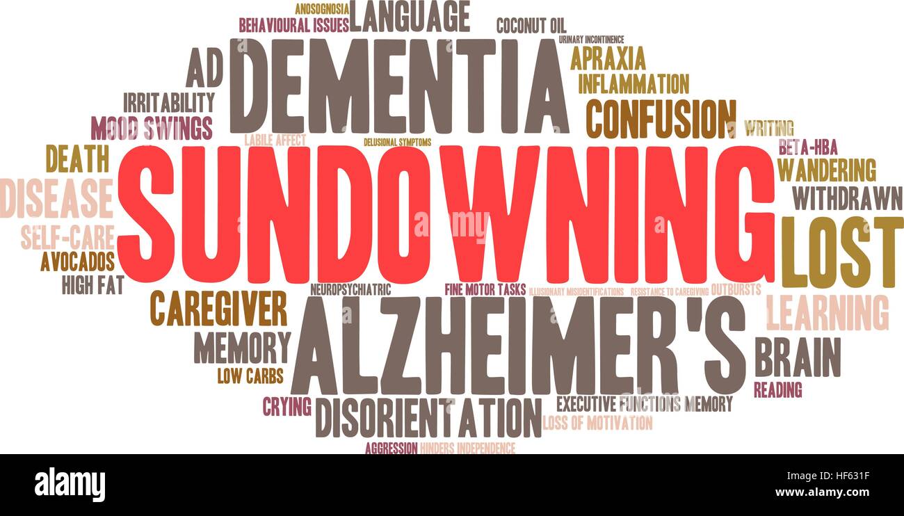 Sundowning Wortwolke auf weißem Hintergrund. Stock Vektor