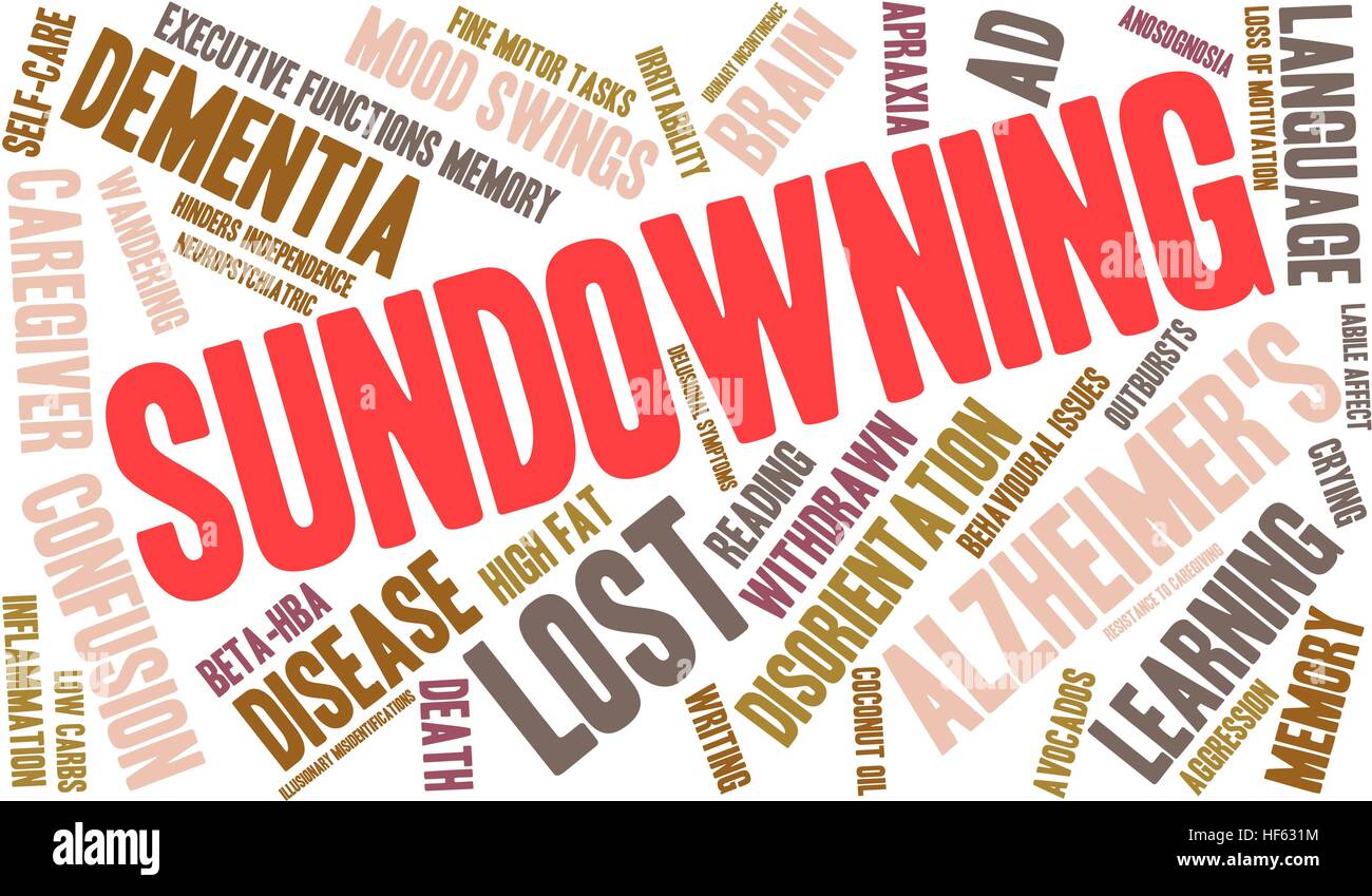 Sundowning Wortwolke auf weißem Hintergrund. Stock Vektor