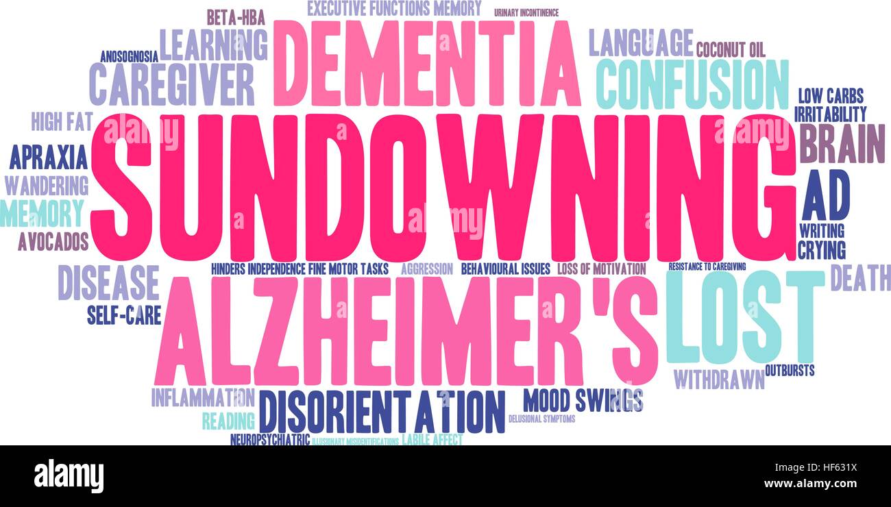 Sundowning Wortwolke auf weißem Hintergrund. Stock Vektor