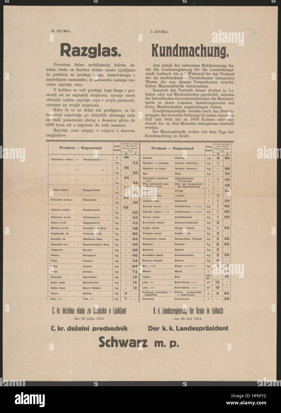 Ein mehrsprachiges Plakat der K.K. Landesregierung aus dem Jahr 1914 für Krain, Laibach, auf dem die Höchstpreise für lebenswichtige Lebensmittel während der teilweisen Mobilisierung im Ersten Weltkrieg aufgeführt sind. Stockfoto