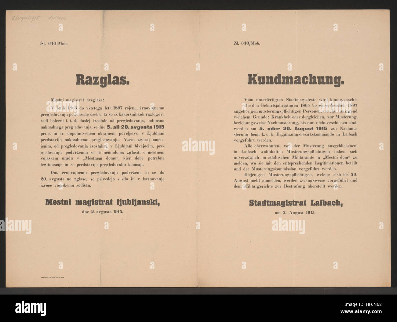 Nachmusterungstermine Für sterben Landsturmpflichtigen der Geburtsjahrgänge 1865 Bis 1897, 5. Oder 20. August 1915 - Bei Nichtmeldung Zwangsweise Vorführung - Stadtmagistrat Laibach, bin 2. August 1915 - Zl. 640/Mob. Nachmusterung - Kundmachung - Laibach - Mehrsprachiges Plakat 1915 (2) Stockfoto