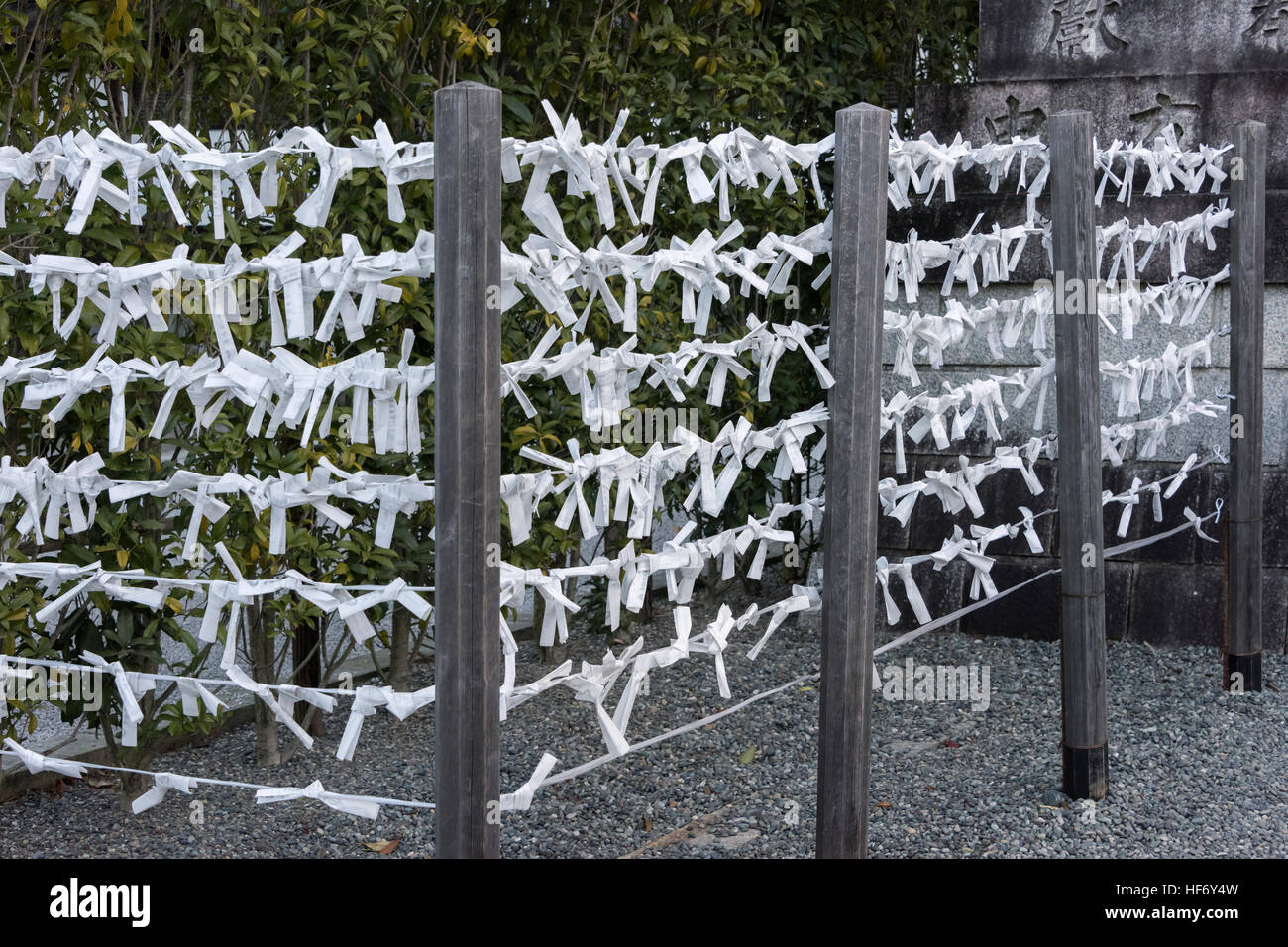 O-Mikuji Vermögen Papier gebunden zu den Racks im Fushimi Inari-Taisha Shinto-Schrein, Kyoto, Japan Stockfoto