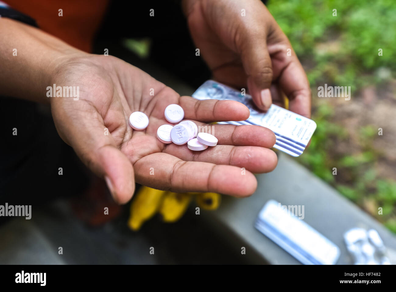 Ein Ranger zeigt Pillen für die medizinische Behandlung von Elefanten im Kambas National Park, Indonesien. Stockfoto