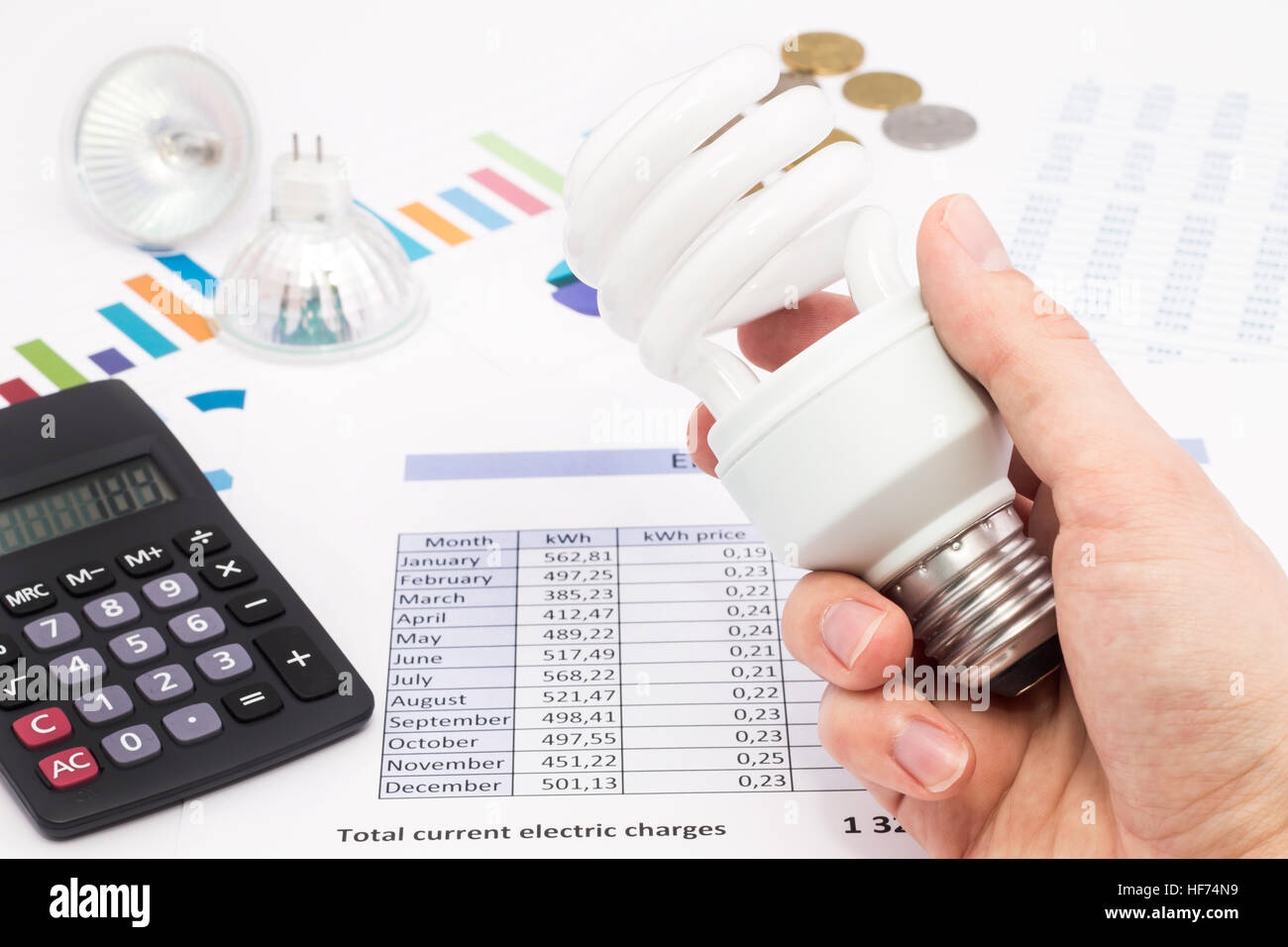 Glühbirne mit Taschenrechner und Euro-Münzen Stockfoto