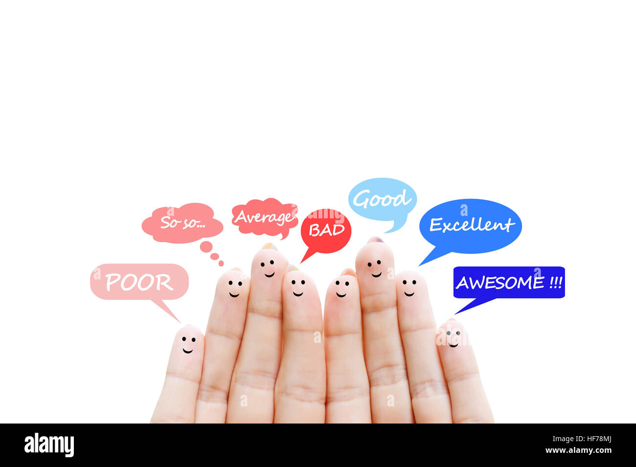 Kundenzufriedenheit Maßstab und Testimonials Konzept mit glücklich menschliche Finger Stockfoto