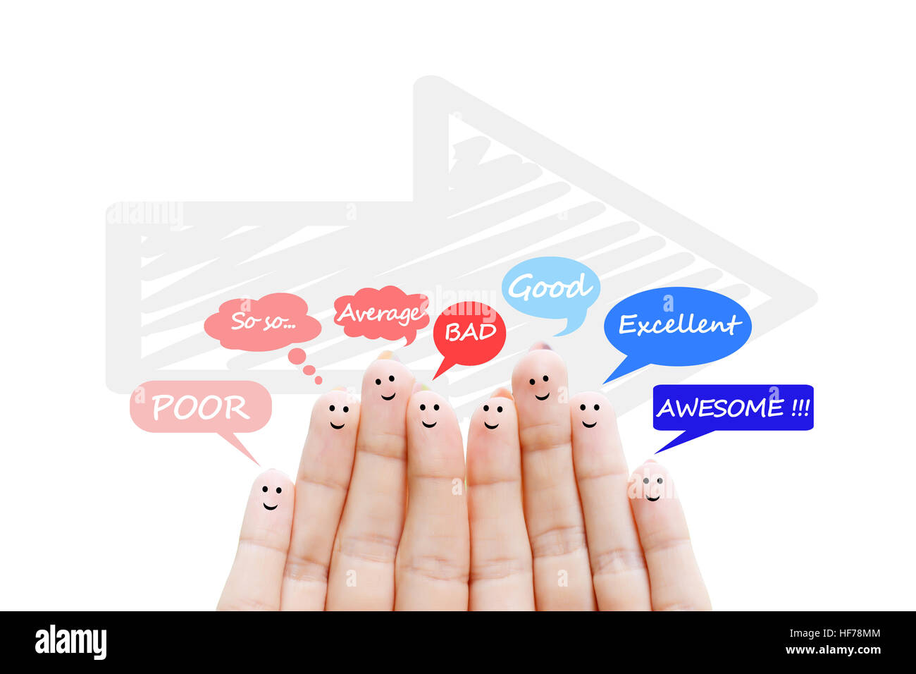 Kundenzufriedenheit Maßstab und Testimonials Konzept mit glücklich menschliche Finger Stockfoto