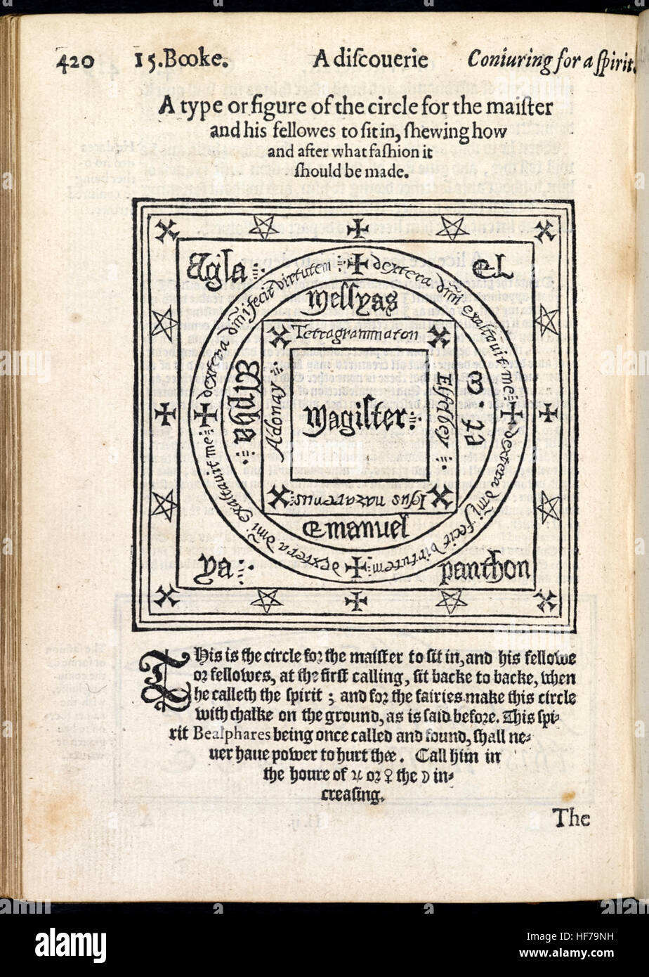 "Eine Art oder Figur des Kreises für die Maister und seine Fellowes sitzen im" aus "The Scotte of Witchcraft" von Reginald Scot (1538-1599) veröffentlichte im Jahre 1584; ein Traktat, das versucht, rational zu erklären, die im 16. Jahrhundert verbreiteten Aberglauben. Stockfoto