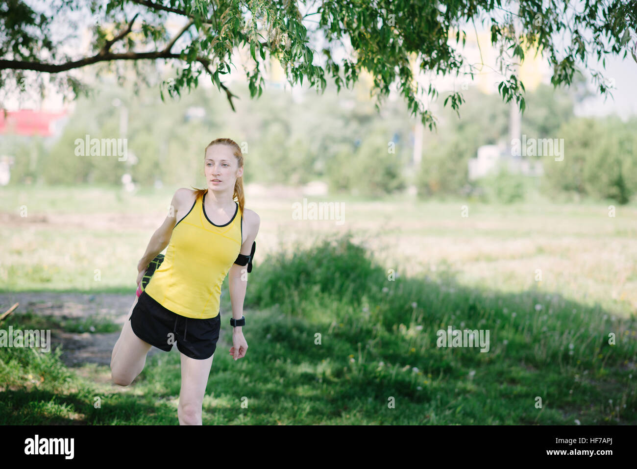 Junge Fitness stretching Körper der Frau vor dem laufen. Sportler stehen unter Baum. Stockfoto