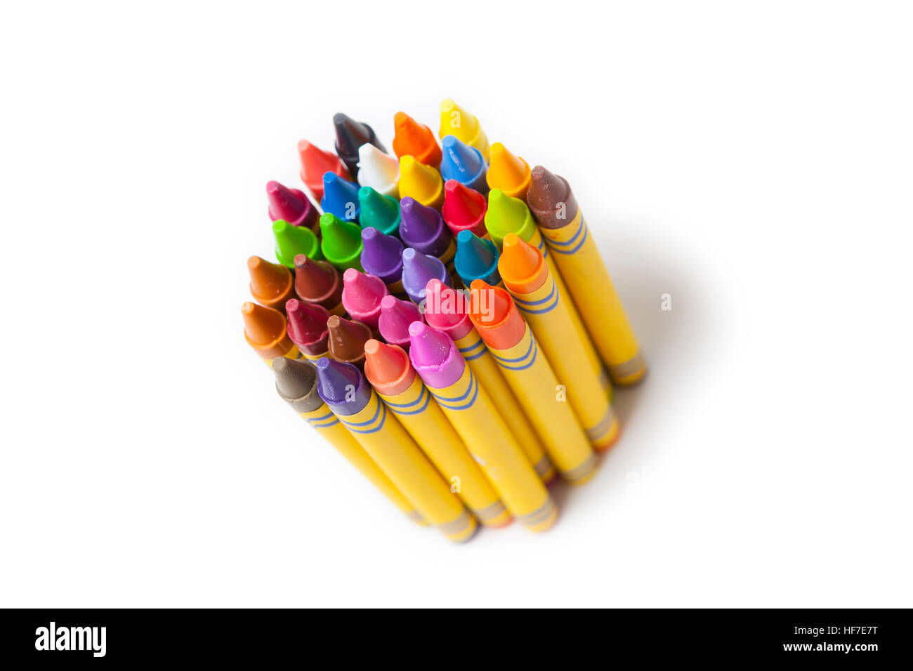 Bunte Stifte zusammengefasst auf weißem Hintergrund. Stockfoto