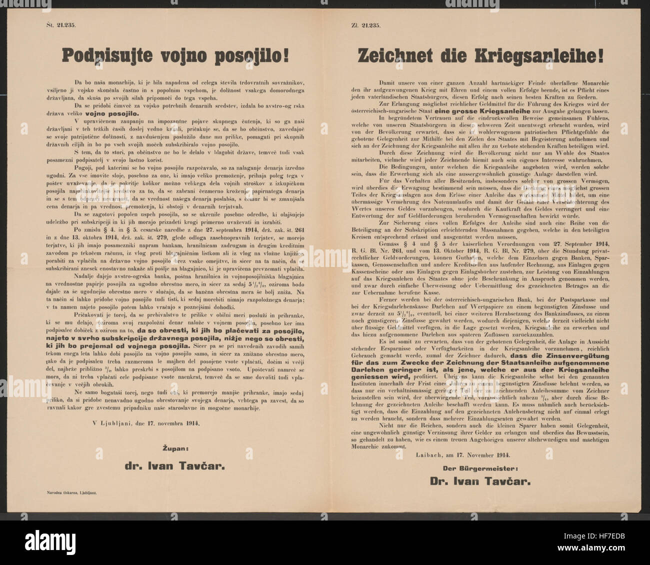 Patriotischer Aufruf zur Unterzeichnung des Kriegskredits - Anreiz: Der Zinssatz für das Darlehen, das zur Zeichnung der Staatsanleihe aufgenommen wurde, ist niedriger als der Zinssatz, der aus dem Kriegskredit gewonnen wurde - Ljubljana, 17. November 1914 - Bürgermeister Dr. Ivan Tav?AR unterzeichnet den Kriegskredit! - Ljubljana - mehrsprachiges Poster 1914. Weltkrieg Stockfoto
