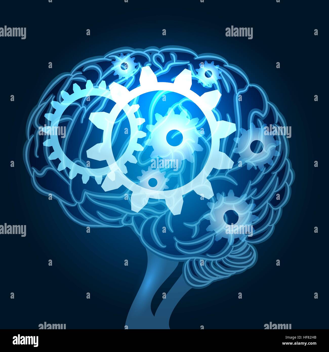 Menschlichen Gehirns mit Zahnräder im Inneren. Verfahrenskonzept denken. Vektor-illustration Stock Vektor
