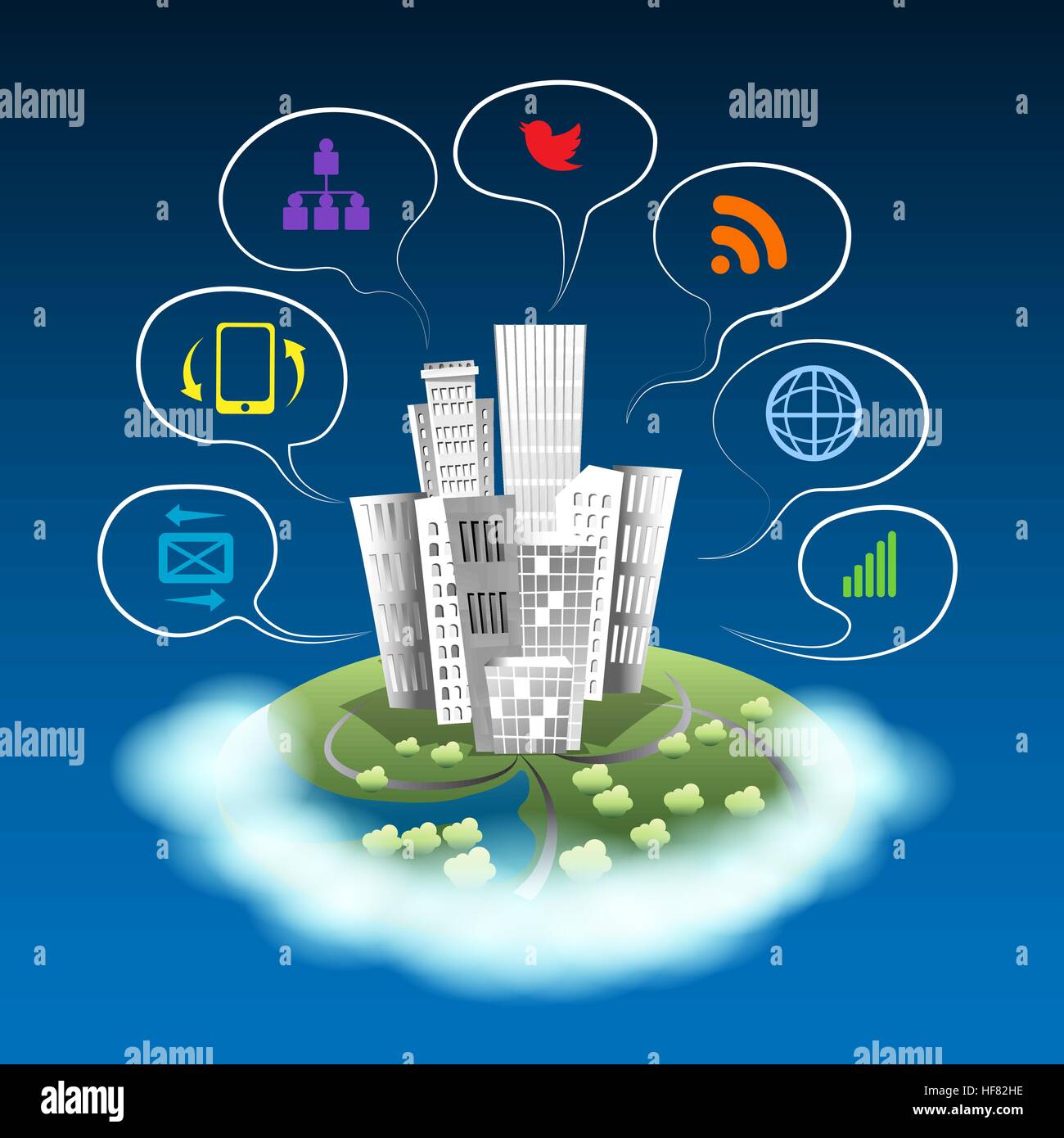 Stadt auf einer Wolke mit Kommunikation-Symbole. Stadtgebiet soziale Netzwerkgeräte. Stock Vektor
