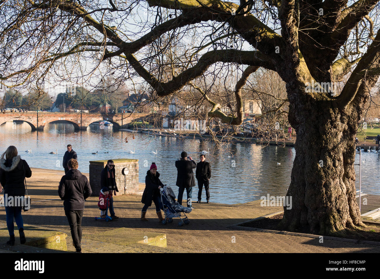 Stratford Warwickshire, UK. 28. Dezember 2016. Wintersonne erstrahlt nach einer frostigen und neblig Start in den Tag über den Fluss Avon bei Stratford-upon-Avon. Bildnachweis: Colin Underhill/Alamy Live-Nachrichten Stockfoto