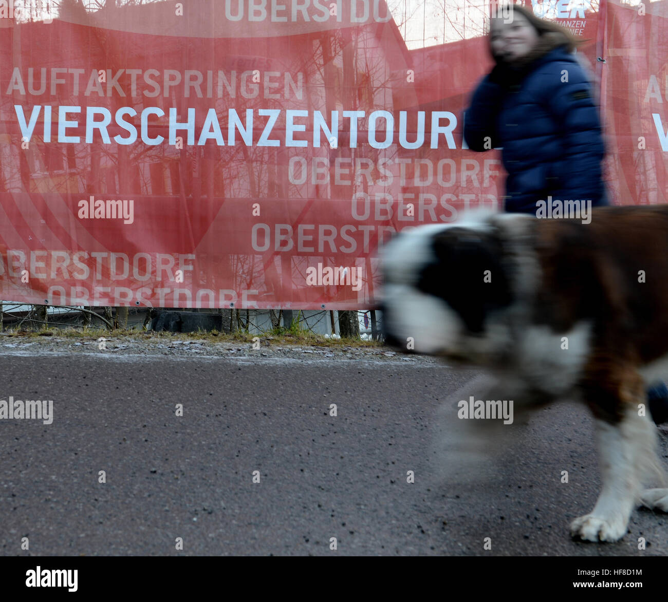 Oberstdorf, Deutschland. 28. Dezember 2016. Eine Frau mit einem Hund vor der Eröffnung der 65. Vierschanzentournee in Oberstdorf, Deutschland, 28. Dezember 2016. Foto: Angelika Warmuth/Dpa/Alamy Live News Stockfoto
