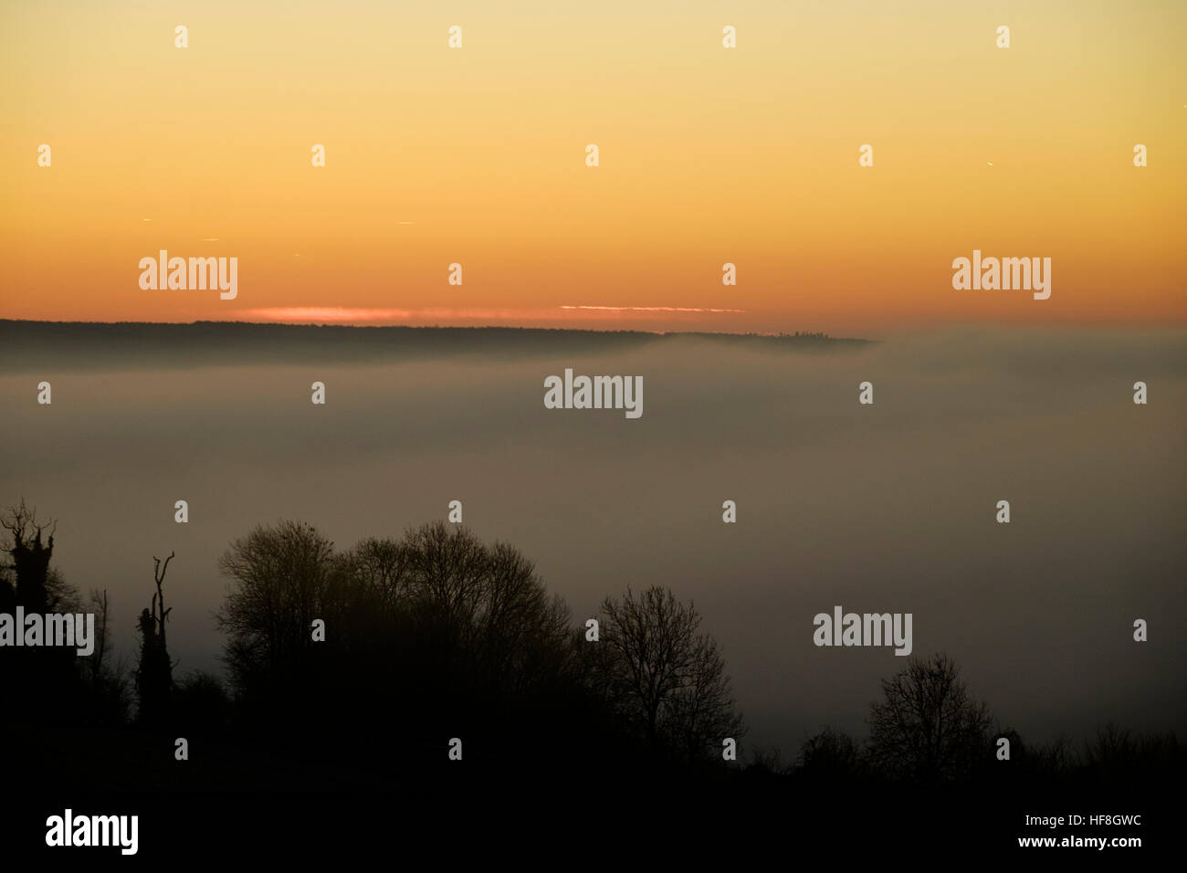 Sonnenaufgang in Arundel, Großbritannien, 29.12.2016: die Sonne geht über ein Einfrieren neblig Arun-Tal. Bild von Julie Edwards/Alamy Live-Nachrichten Stockfoto