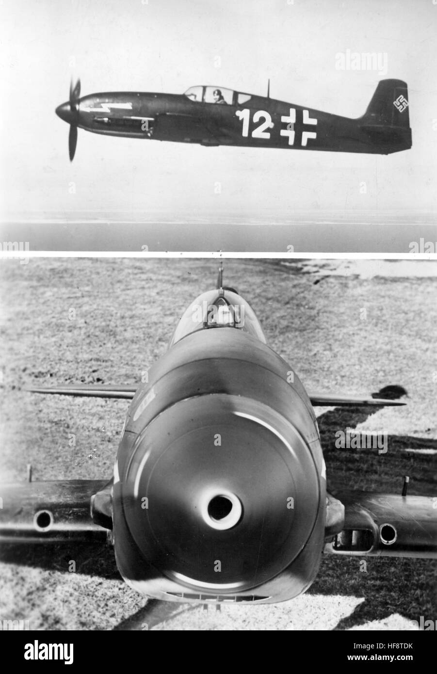 Das Bild der Nazi-Propaganda zeigt sich in einer Montage mit zwei Fotos, die deutsche Wehrmacht Heinkel 113 (He 100) Kampfflugzeuge darstellen. Veröffentlicht im Juli 1942. Ein Nazi-Reporter hat auf der Rückseite geschrieben: "In unzähligen Missionen auf die Probe gestellt. Das einsitzende Kampfflugzeug He 113 von Heinkel Manufacturers, das in unzähligen Luftschlägen zum Sieg beigetragen hat. Es handelt sich um eine freitragende Vollmetallkonstruktion mit niedrigem Dach. Das Fahrwerk, das mit schweren Waffen ausgestattet ist, kann in die Flügel eingefahren werden. Fotoarchiv für Zeitgeschichte - KEIN WIRELESS-SERVICE - | weltweite Nutzung Stockfoto
