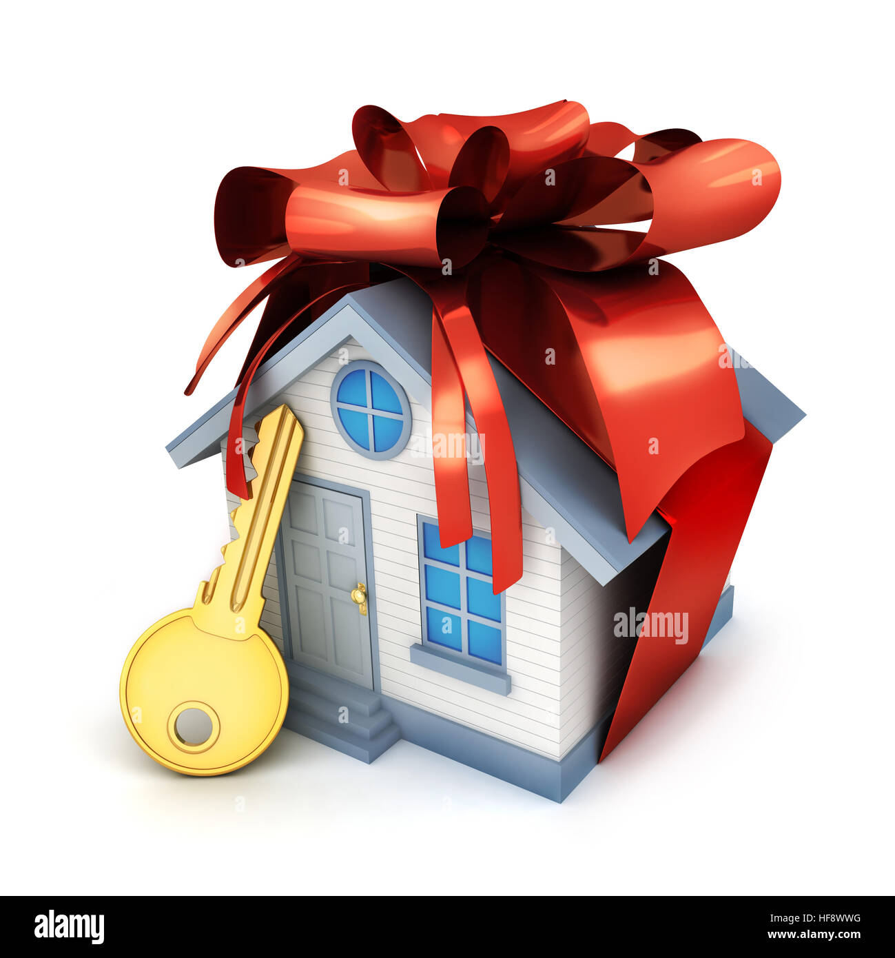 Geschenk Home und Schlüssel und rotes Band. 3D illustration Stockfoto