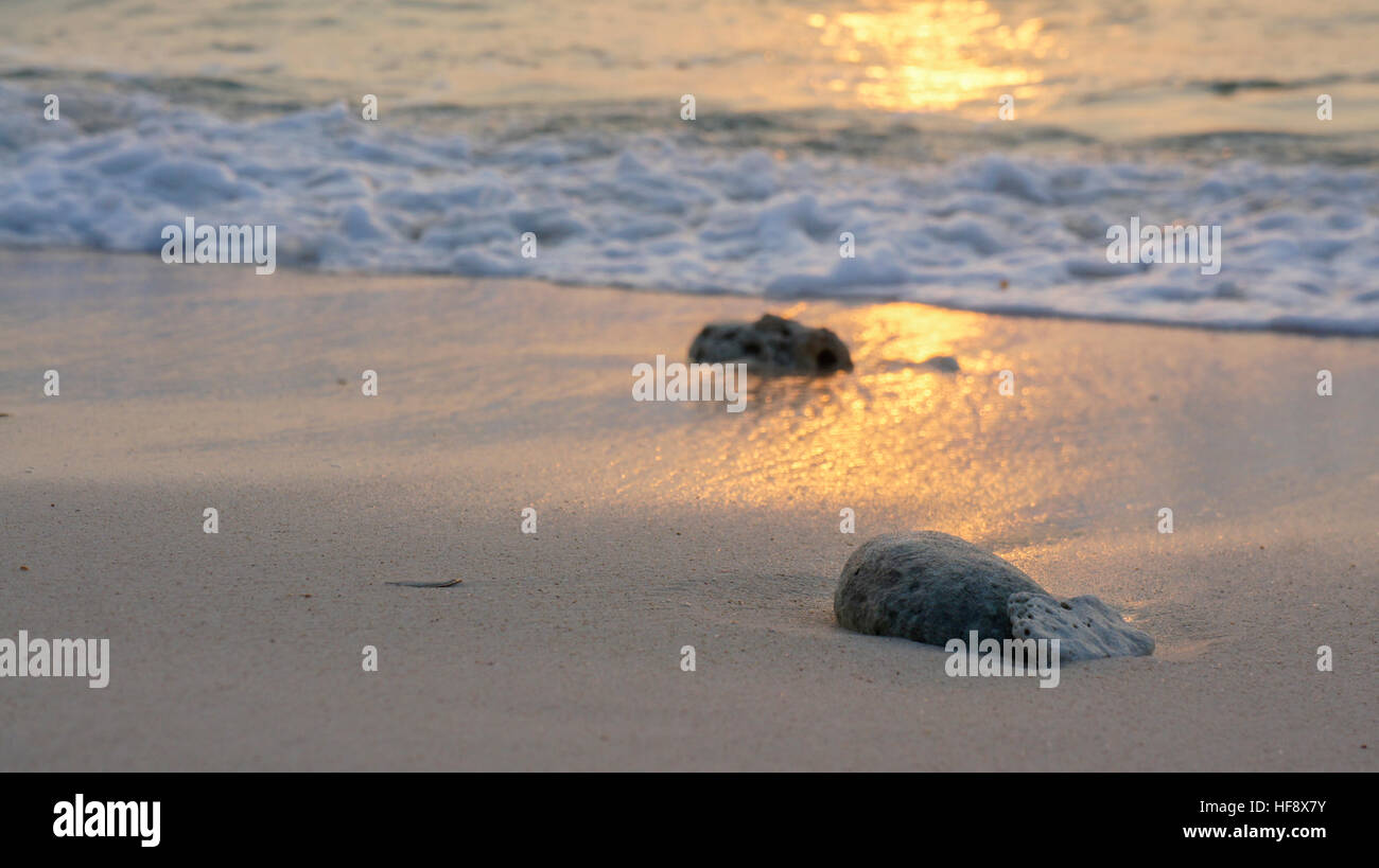 Sonnenuntergang Spiegelung auf Sand. Stockfoto