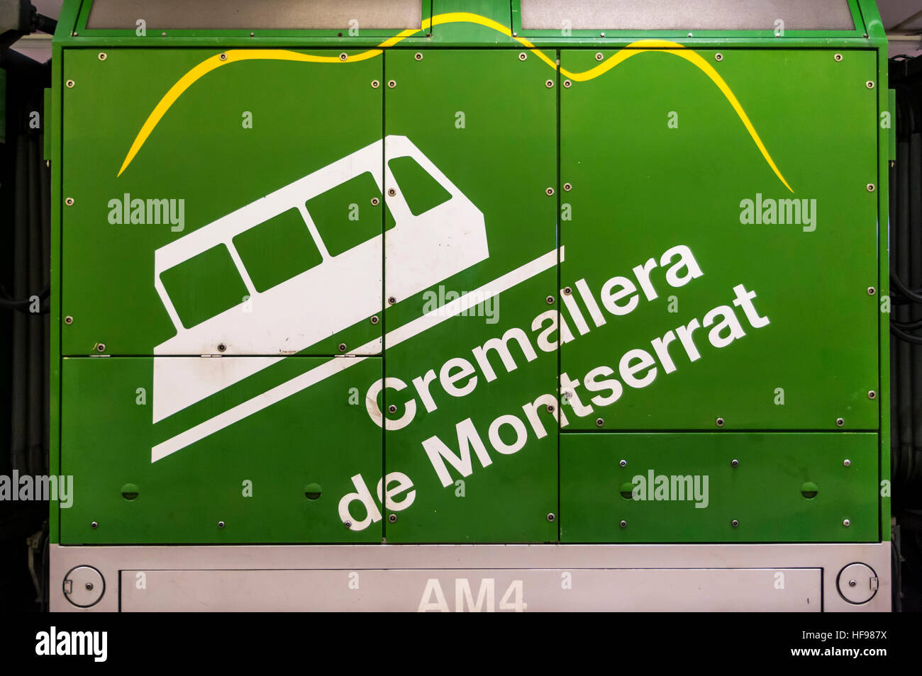 Logo der Zahnradbahn Cremallera de Montserrat. Stockfoto
